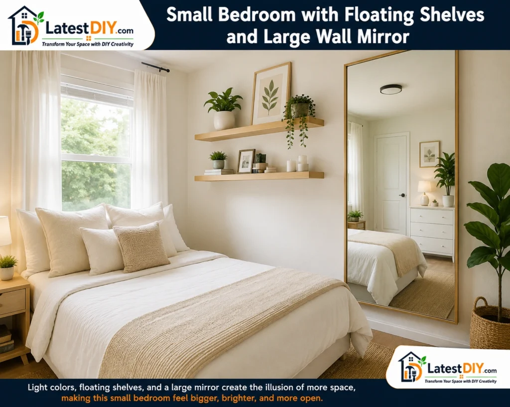 small-bedroom-floating-shelves-large-mirror